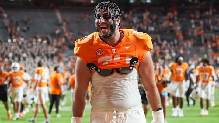 Tennessee offensive lineman Shamurad Umarov (74) yells in celebration after winning a college football game between Tennessee and Arkansas at Neyland Stadium in Knoxville, Tenn., on Oct. 11, 2025.