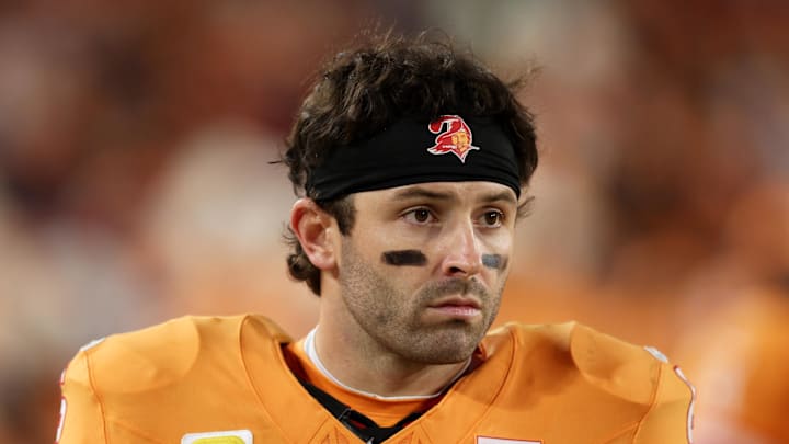 Tampa Bay Buccaneers quarterback Baker Mayfield (6) looks on against the Atlanta Falcons during the fourth quarter
