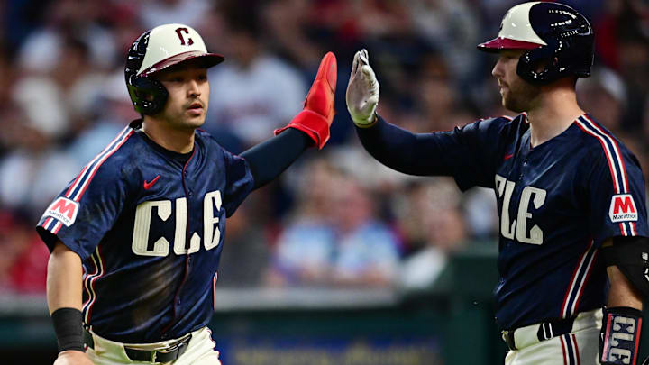 May 31, 2024; Cleveland, Ohio, USA; Cleveland Guardians left fielder Steven Kwan (38) celebrates after scoring with catcher David Fry (6) during the seventh inning against the Washington Nationals at Progressive Field. Mandatory Credit: Ken Blaze-USA TODAY Sports May 31, 2024; Cleveland, Ohio, USA; Cleveland Guardians left fielder Steven Kwan (38) celebrates after scoring with catcher David Fry (6) during the seventh inning against the Washington Nationals at Progressive Field. Mandatory Credit: Ken Blaze-USA TODAY Sports