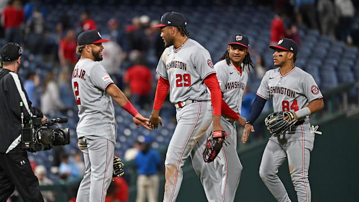 Mar 30, 2026; Philadelphia, Pennsylvania, USA; Washington Nationals second baseman Luis García Jr. (2),  left fielder James Wood (29), shortstop CJ Abrams (5) and second baseman Orbit Vivas (84) celebrates with against the Philadelphia Phillies at Citizens Bank Park. Mandatory Credit: Eric Hartline-Imagn Images