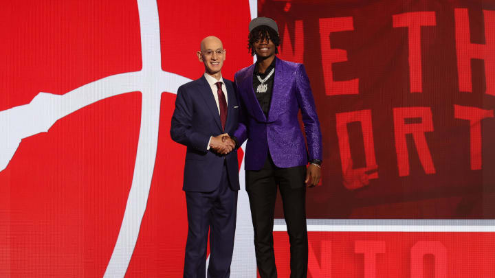 Jun 26, 2024; Brooklyn, NY, USA; Ja'Kobe Walter poses for photos with NBA commissioner Adam Silver after being selected in the first round by the Toronto Raptors in the 2024 NBA Draft at Barclays Center. Mandatory Credit: Brad Penner-USA TODAY Sports
