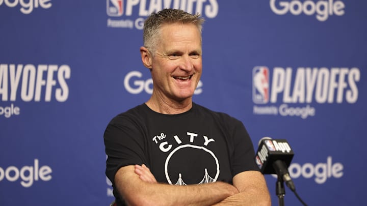 Golden State Warriors head coach Steve Kerr talks with the media before the game against the Houston Rockets at Toyota Center. 