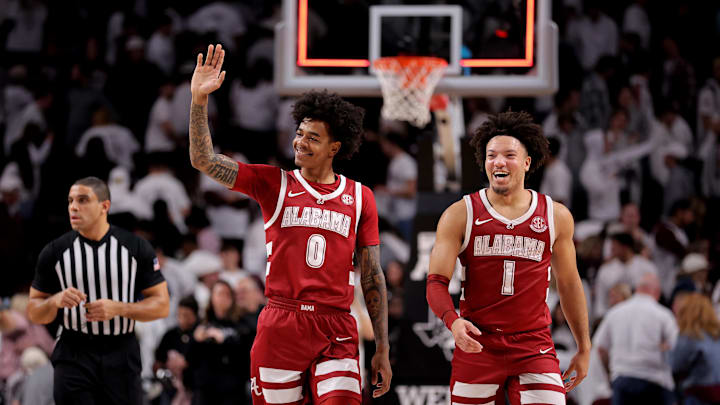 Jan 11, 2025; College Station, Texas, USA; Alabama Crimson Tide guards Labaron Philon (0) and Mark Sears (1) react after the final buzzer against the Texas A&M Aggies  at Reed Arena. Mandatory Credit: Erik Williams-Imagn Images