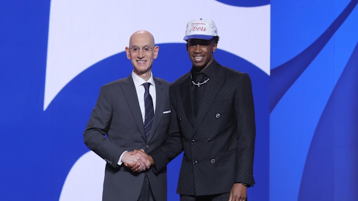 Jun 25, 2025; Brooklyn, NY, USA; VJ Edgecombe stands with NBA commissioner Adam Silver after being selected as the third pick by the Philadelphia 76ers in the first round of the 2025 NBA Draft at Barclays Center. Mandatory Credit: Brad Penner-Imagn Images Jun 25, 2025; Brooklyn, NY, USA; VJ Edgecombe stands with NBA commissioner Adam Silver after being selected as the third pick by the Philadelphia 76ers in the first round of the 2025 NBA Draft at Barclays Center. Mandatory Credit: Brad Penner-Imagn Images