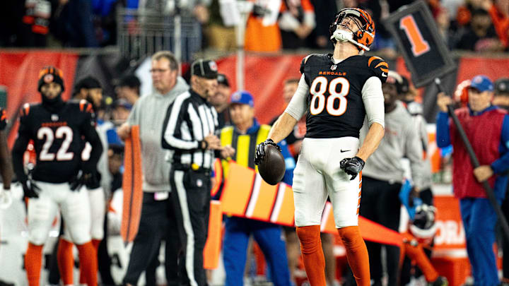 Cincinnati Bengals tight end Mike Gesicki (88) reacts reacts to getting a first down in overtime of the NFL game at Paycor Stadium in Cincinnati on Saturday, Dec. 28, 2024.