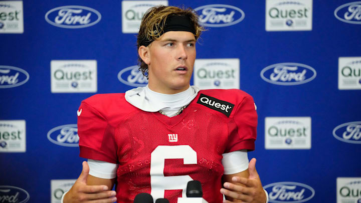 New York Giants quarterback Jaxson Dart (6) speaks to the press at the Quest Diagnostic Training Center, Sunday, July 27, 2025, in East Rutherford.