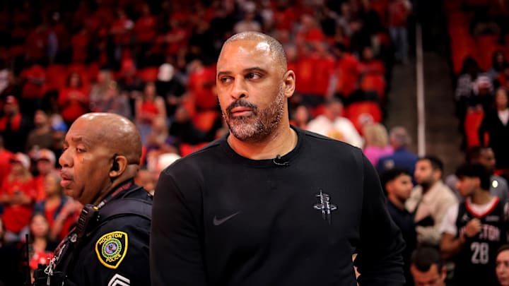 May 1, 2026; Houston, Texas, USA; Houston Rockets head coach Ime Udoka prior to game six of the first round of the 2026 NBA Playoffs against the Los Angeles Lakers at Toyota Center. Mandatory Credit: Erik Williams-Imagn Images