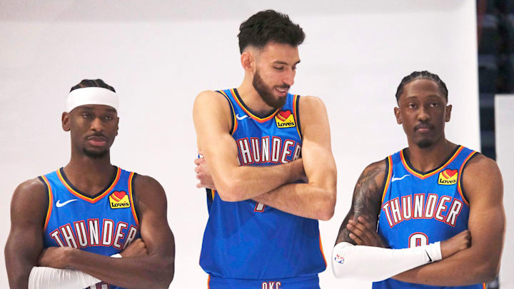 Shai Gilgeous-Alexander (2), Chet Holmgren (7) and Jalen Williams (8) during the Thunder Media Day for the 25-26 NBA season at the Paycom Center Monday, Sept. 29, 2025. Shai Gilgeous-Alexander (2), Chet Holmgren (7) and Jalen Williams (8) during the Thunder Media Day for the 25-26 NBA season at the Paycom Center Monday, Sept. 29, 2025.