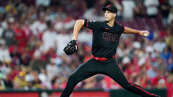 Cincinnati Reds pitcher Taylor Rogers (55) throws a pitch in the ninth inning of a MLB game between the Cincinnati Reds and San Diego Padres, Friday, June 27, 2025, at Great American Ball Park in Downtown Cincinnati. Reds won 8-1. Cincinnati Reds pitcher Taylor Rogers (55) throws a pitch in the ninth inning of a MLB game between the Cincinnati Reds and San Diego Padres, Friday, June 27, 2025, at Great American Ball Park in Downtown Cincinnati. Reds won 8-1.