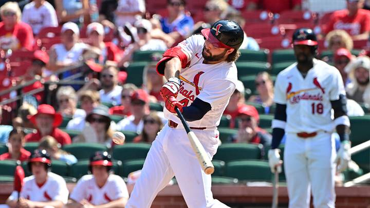 Aug 30, 2026; St. Louis, Missouri, USA;  St. Louis Cardinals first baseman Alec Burleson (41) doubles against the Pittsburgh Pirates in the fifth inning, scoring St. Louis Cardinals left fielder Bryan Torres (not shown) at Busch Stadium.  Mandatory Credit: Tim Vizer-Imagn Images