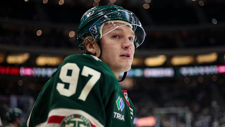 Sep 30, 2025; Saint Paul, Minnesota, USA; Minnesota Wild forward Kirill Kaprizov (97) looks on during the third period against the Winnipeg Jets at Grand Casino Arena. Mandatory Credit: Matt Krohn-Imagn Images