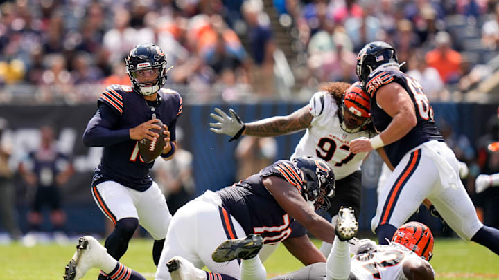 Chicago Bears quarterback Caleb Williams (18) scrambles in the second quarter of the NFL Preseason Week 2 game between the Chicago Bears and the Cincinnati Bengals at Soldier Field in downtown Chicago on Saturday, Aug. 17, 2024. The Bears led 10-3 at halftime.