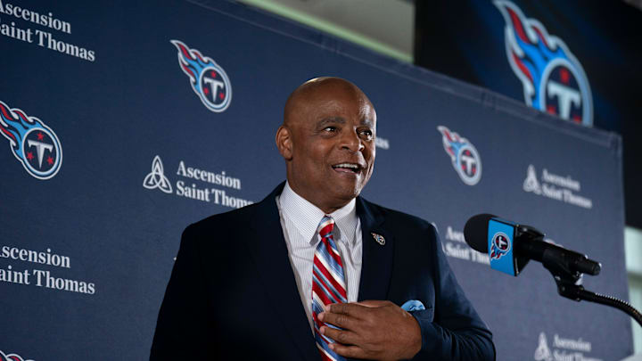 NFL Hall of Fame quarterback Warren Moon speaks to the media as Cam Ward is introduced as the Tennessee Titans first-round pick – and overall number one pick – in the NFL Draft at Ascension Saint Thomas Sports Park in Nashville, Tenn., Friday, April 25, 2025. Moon, whose No. 1 jersey is retired for the Tennessee Titans, allowed Ward to wear his number.