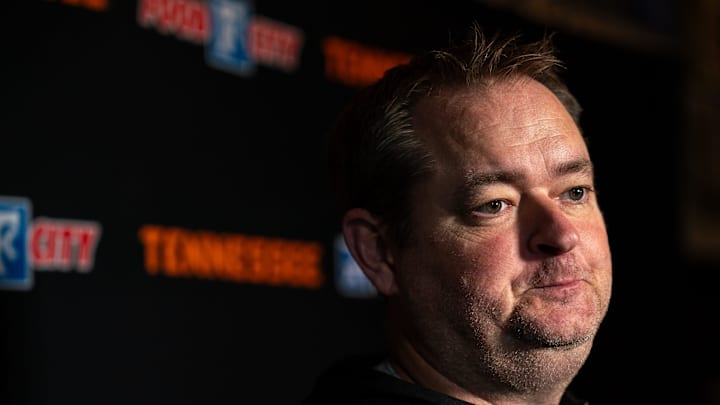 Tennessee football coach Josh Heupel speaks to reporters.