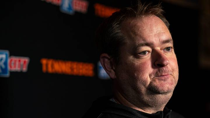 Tennessee football coach Josh Heupel speaks to reporters.