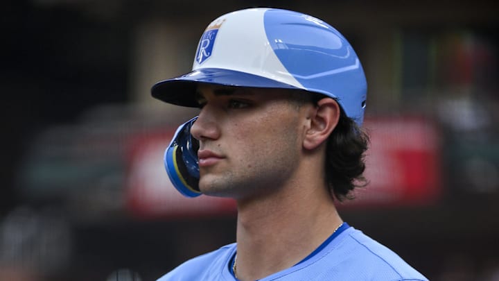 Jun 3, 2025; St. Louis, Missouri, USA; Kansas City Royals designated hitter Jac Caglianone (14) stands on deck in the first inning of his Major League Baseball debut against the St. Louis Cardinals at Busch Stadium. Mandatory Credit: Jeff Curry-Imagn Images Jun 3, 2025; St. Louis, Missouri, USA; Kansas City Royals designated hitter Jac Caglianone (14) stands on deck in the first inning of his Major League Baseball debut against the St. Louis Cardinals at Busch Stadium. Mandatory Credit: Jeff Curry-Imagn Images
