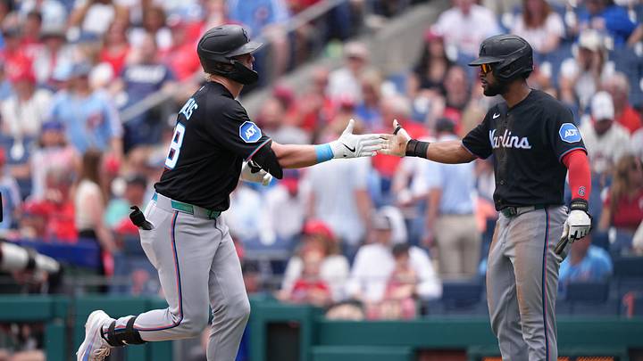 Miami Marlins outfielder Kyle Stowers with infielder Otto Lopez Miami Marlins outfielder Kyle Stowers with infielder Otto Lopez