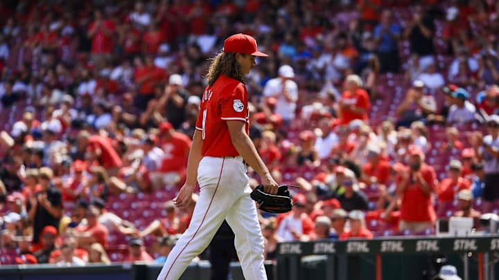 Sep 5, 2024; Cincinnati, Ohio, USA; Cincinnati Reds starting pitcher Rhett Lowder (81) walks off the field during a pitching change in the seventh inning against the Houston Astros at Great American Ball Park. Mandatory Credit: Katie Stratman-Imagn Images