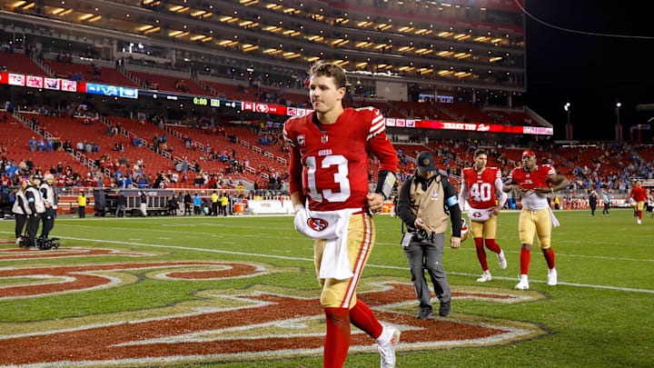 Dec 30, 2024; Santa Clara, California, USA; San Francisco 49ers quarterback Brock Purdy (13) during the game against the Detroit Lions at Levi's Stadium. Mandatory Credit: Sergio Estrada-Imagn Images