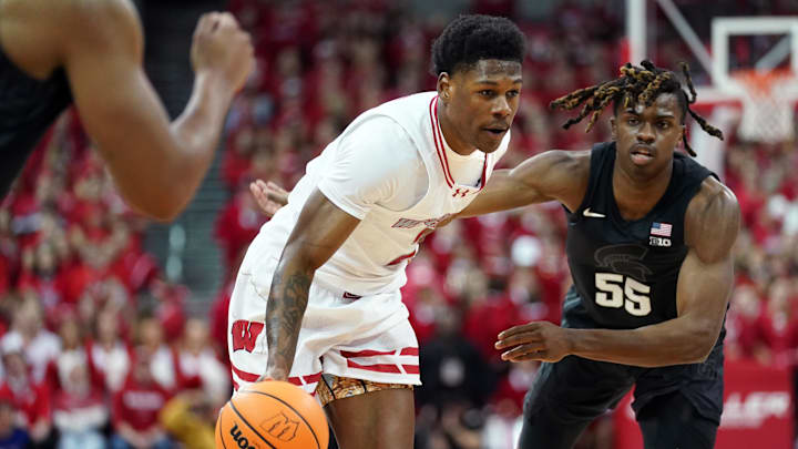 Jan 26, 2024; Madison, Wisconsin, USA; Wisconsin Badgers guard AJ Storr (2) dribbles the ball