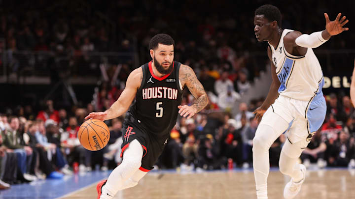 Jan 28, 2025; Atlanta, Georgia, USA; Houston Rockets guard Fred VanVleet (5) drives to the basket against the Atlanta Hawks in the fourth quarter at State Farm Arena. Mandatory Credit: Brett Davis-Imagn Images