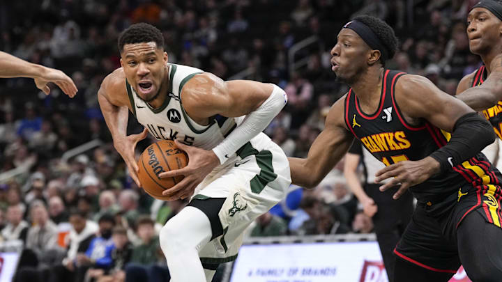 Mar 30, 2025; Milwaukee, Wisconsin, USA;  Milwaukee Bucks forward Giannis Antetokounmpo (34) drives for the basket during the second quarter against the Atlanta Hawks at Fiserv Forum. Mandatory Credit: Jeff Hanisch-Imagn Images