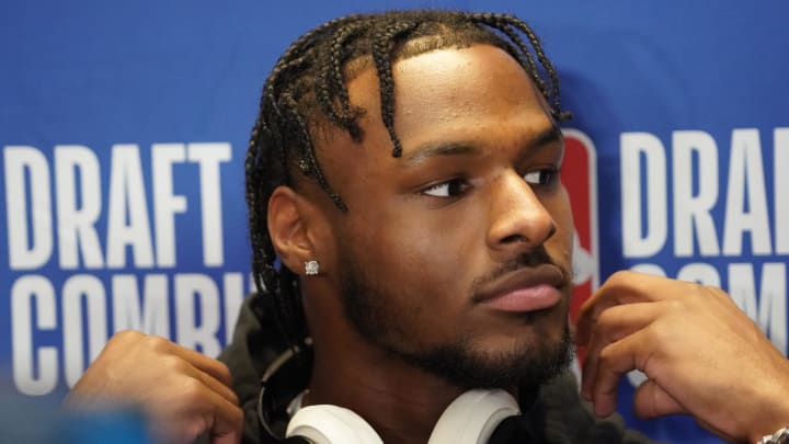 May 14, 2024; Chicago, IL, USA; Bronny James talks to the media during the 2024 NBA Draft Combine at Wintrust Arena. Mandatory Credit: David Banks-USA TODAY Sports