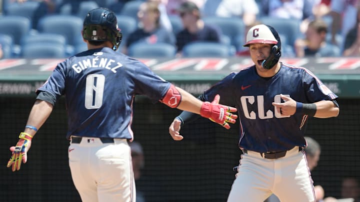 May 19, 2024; Cleveland, Ohio, USA; Cleveland Guardians second baseman Andres Gimenez (0) celebrates