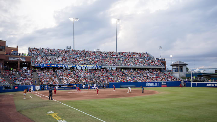Jun 6, 2025; Oklahoma City, OK, USA;  The Texas Longhorns and the Texas Tech Red Raiders play game three of the NCAA Softball Women's College World Series finals at Devon Park. Mandatory Credit: Brett Rojo-Imagn Images