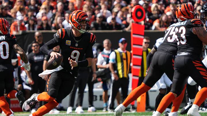 Bengals Joe Burrow (9) looks for a pass during their game against the Jaguars at Paycor Stadium on Sunday October 4, 2026. The Jaguars were up 13-3 at halftime.