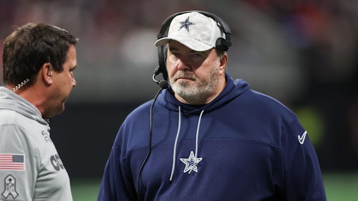 Nov 3, 2024; Atlanta, Georgia, USA; Dallas Cowboys head coach Mike McCarthy on the field against the Atlanta Falcons in the fourth quarter at Mercedes-Benz Stadium.
