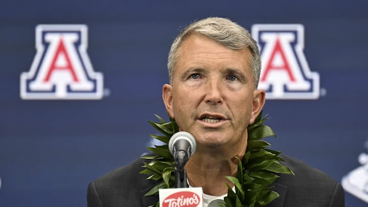 Jul 10, 2024; Las Vegas, NV, USA; Arizona Wildcats head coach Brent Brennan speaks to the media during the Big 12 Media Days at Allegiant Stadium. Mandatory Credit: Candice Ward-Imagn Images