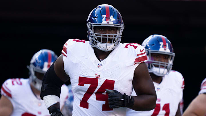 September 21, 2023; Santa Clara, California, USA; New York Giants offensive tackle Matt Peart (74).