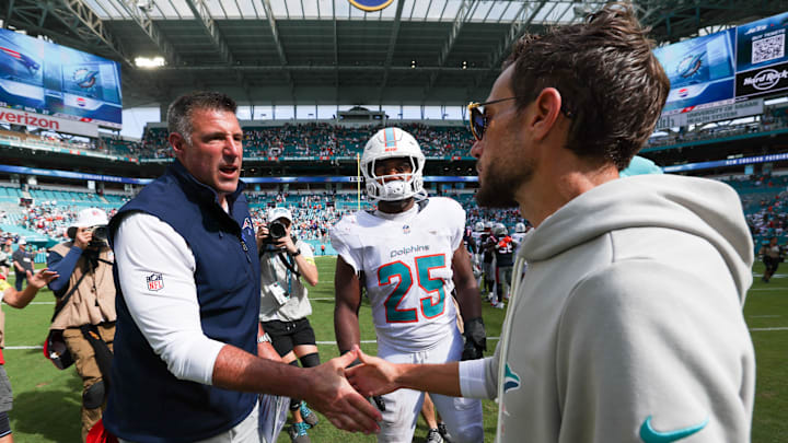 New England Patriots head coach Mike Vrabel greets Miami Dolphins head coach Mike McDaniel after a game at Hard Rock Stadium. New England Patriots head coach Mike Vrabel greets Miami Dolphins head coach Mike McDaniel after a game at Hard Rock Stadium.