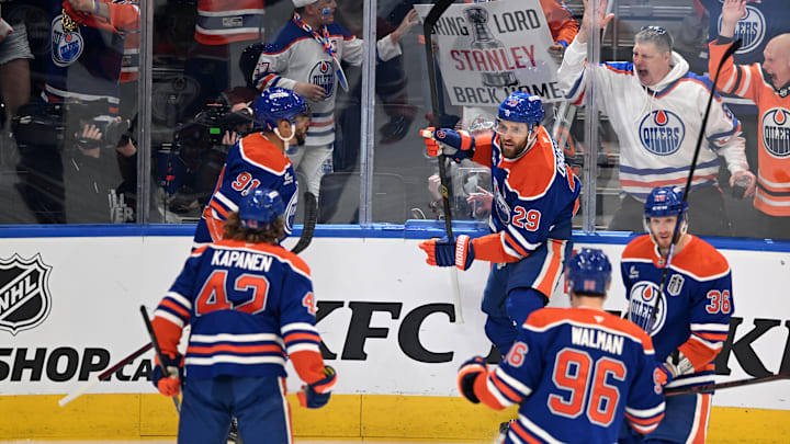 Jun 4, 2025; Edmonton, Alberta, CAN; Edmonton Oilers center Leon Draisaitl (29) reacts after scoring a goal against the Florida Panthers during the first period in game one of the 2025 Stanley Cup Final at Rogers Place. 