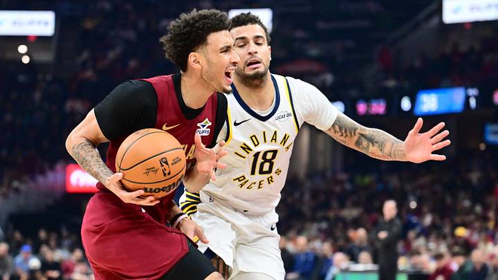 Apr 5, 2026; Cleveland, Ohio, USA; Cleveland Cavaliers guard Tyrese Proctor (24) drives to the basket against Indiana Pacers forward Jalen Slawson (18) during the first half at Rocket Arena. Mandatory Credit: Ken Blaze-Imagn Images