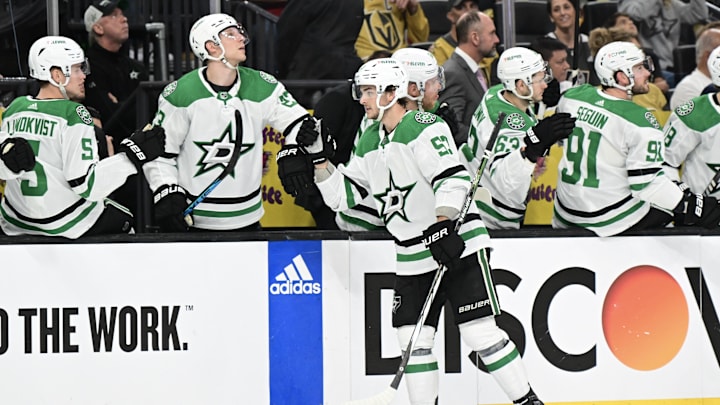 Apr 27, 2024; Las Vegas, Nevada, USA; Dallas Stars center Wyatt Johnston (53) celebrates his