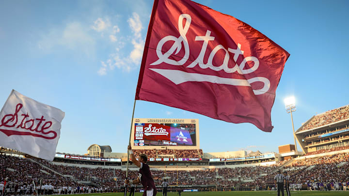 Sep 13, 2025; Starkville, Mississippi, USA; Mississippi State Bulldogs cheer team celebrates after a touchdown during the first half against the Alcorn State Braves at Davis Wade Stadium at Scott Field. Mandatory Credit: Wesley Hale-Imagn Images