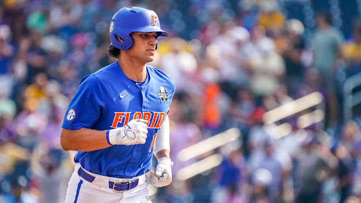 Jun 25, 2023; Omaha, NE, USA; Florida Gators first baseman Jac Caglianone (14) runs the bases after