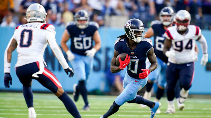 Tennessee Titans wide receiver Calvin Ridley runs the ball against the New England Patriots in overtime at Nissan Stadium Tennessee Titans wide receiver Calvin Ridley runs the ball against the New England Patriots in overtime at Nissan Stadium