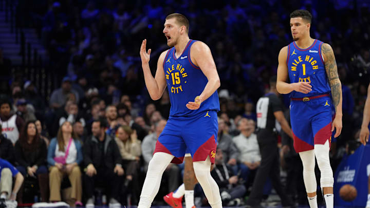 Jan 31, 2025; Philadelphia, Pennsylvania, USA; Denver Nuggets center Nikola Jokic (15) reacts against the Philadelphia 76ers in the fourth quarter at Wells Fargo Center. Mandatory Credit: Kyle Ross-Imagn Images