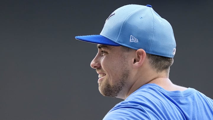 Sep 27, 2025; Milwaukee, Wisconsin, USA;  Milwaukee Brewers third baseman Caleb Durbin (21) looks on during batting practice prior to the game against the Cincinnati Reds at American Family Field. Mandatory Credit: Jeff Hanisch-Imagn Images