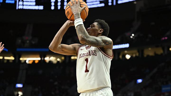 Mar 19, 2026; Portland, OR, USA; Arkansas Razorbacks guard Meleek Thomas (1) shoots in the second half against the Hawaii Rainbow Warriors during a first round game of the men's 2026 NCAA Tournament at Moda Center. Mar 19, 2026; Portland, OR, USA; Arkansas Razorbacks guard Meleek Thomas (1) shoots in the second half against the Hawaii Rainbow Warriors during a first round game of the men's 2026 NCAA Tournament at Moda Center.