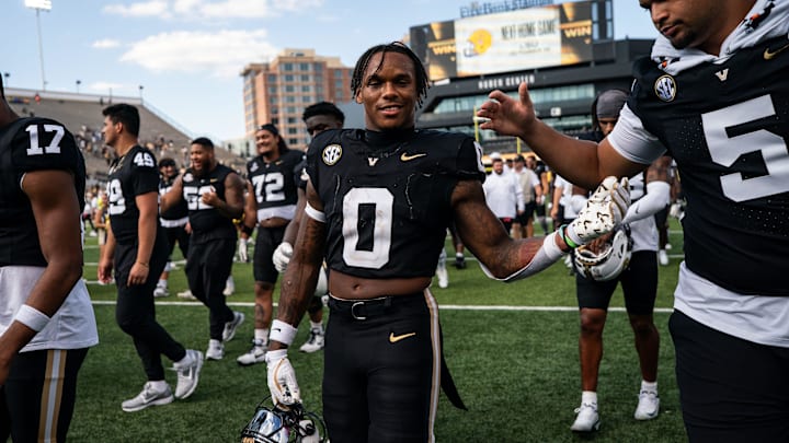 Vanderbilt wide receiver Junior Sherrill (0) celebrates after defeating Utah State at FirstBank Stadium in Nashville, Tenn., Saturday, Sept. 27, 2025.