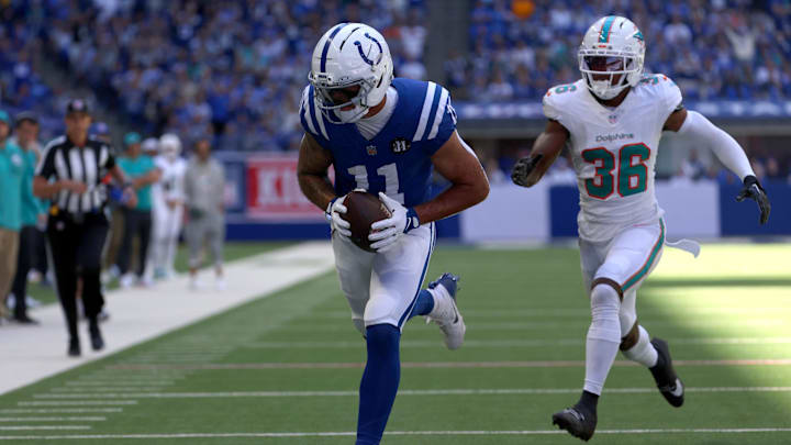 Indianapolis Colts wide receiver Michael Pittman Jr. (11) catches a touchdown against Miami Dolphins cornerback Storm Duck (36) during the first half at Lucas Oil Stadium. Indianapolis Colts wide receiver Michael Pittman Jr. (11) catches a touchdown against Miami Dolphins cornerback Storm Duck (36) during the first half at Lucas Oil Stadium.