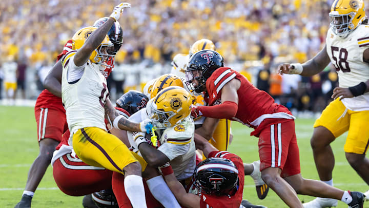 Oct 18, 2025; Tempe, Arizona, USA; Arizona State Sun Devils running back Raleek Brown (3) scores a touchdown against the Texas Tech Red Raiders in the fourth quarter at Mountain America Stadium. Mandatory Credit: Mark J. Rebilas-Imagn Images Oct 18, 2025; Tempe, Arizona, USA; Arizona State Sun Devils running back Raleek Brown (3) scores a touchdown against the Texas Tech Red Raiders in the fourth quarter at Mountain America Stadium. Mandatory Credit: Mark J. Rebilas-Imagn Images