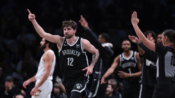 Mar 21, 2023; Brooklyn, New York, USA; Brooklyn Nets forward Joe Harris (12) reacts after a three-point basket against the Cleveland Cavaliers during the first half at Barclays Center. Mandatory Credit: Vincent Carchietta-USA TODAY Sports Mar 21, 2023; Brooklyn, New York, USA; Brooklyn Nets forward Joe Harris (12) reacts after a three-point basket against the Cleveland Cavaliers during the first half at Barclays Center. Mandatory Credit: Vincent Carchietta-USA TODAY Sports