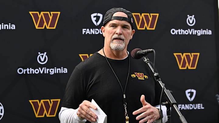 Aug 6, 2025; Foxborough, MA, USA; Washington Commanders head coach Dan Quinn holds a press conference before training camp at Gillette Stadium. Mandatory Credit: Eric Canha-Imagn Images Aug 6, 2025; Foxborough, MA, USA; Washington Commanders head coach Dan Quinn holds a press conference before training camp at Gillette Stadium. Mandatory Credit: Eric Canha-Imagn Images
