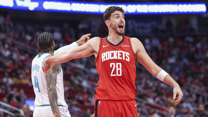 Oct 23, 2024; Houston, Texas, USA; Houston Rockets center Alperen Sengun (28) reacts after a play during the second quarter against the Charlotte Hornets at Toyota Center. Mandatory Credit: Troy Taormina-Imagn Images Oct 23, 2024; Houston, Texas, USA; Houston Rockets center Alperen Sengun (28) reacts after a play during the second quarter against the Charlotte Hornets at Toyota Center. Mandatory Credit: Troy Taormina-Imagn Images