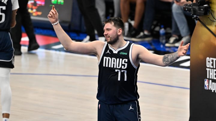 Mavericks guard Luka Doncic reacts during the first half of Game 4 of the 2024 NBA Finals against the Boston Celtics.